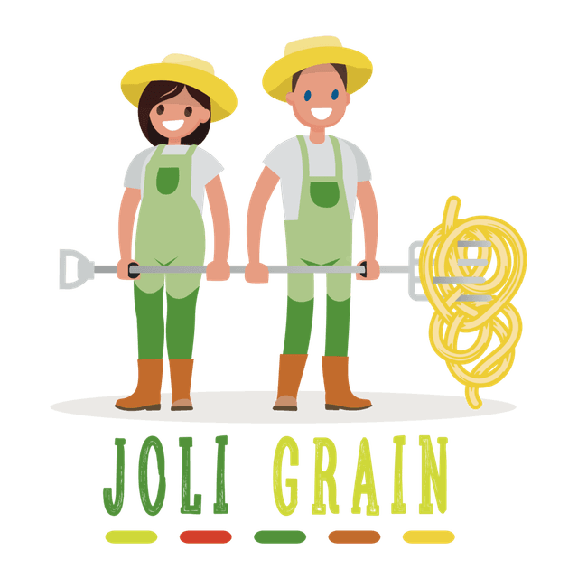 Logo Joli Grain : deux agriculteurs tenant un râteau enroulé de spaghettis, avec le nom Joli Grain dessiné à la main