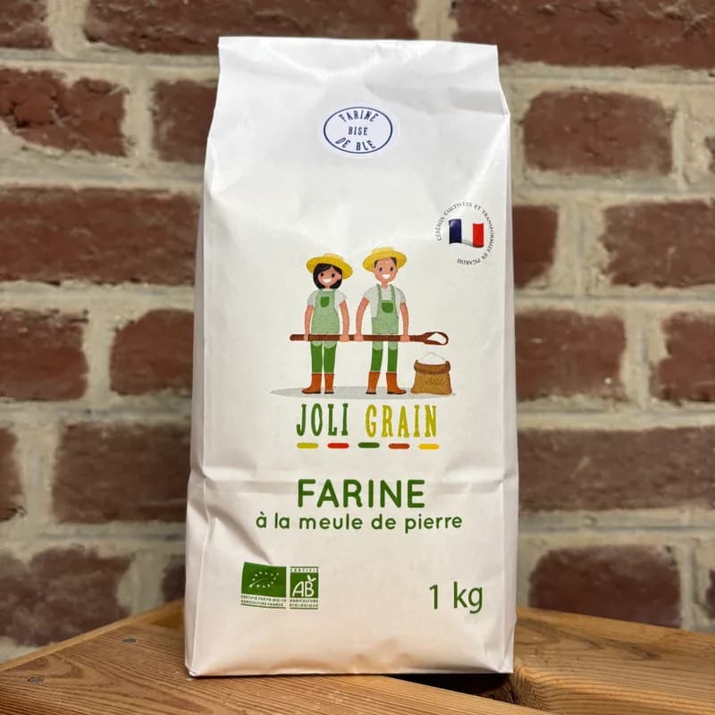 Sachet de farine bise bio Joli Grain, moulue sur meule de pierre dans l'Oise
